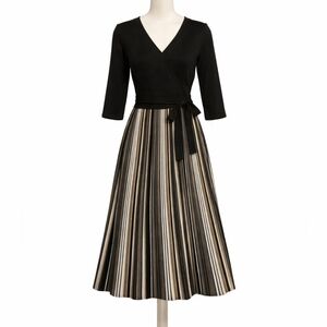 Studio 1 Black Knit V-Neck Striped Midi Dress Tie Waist